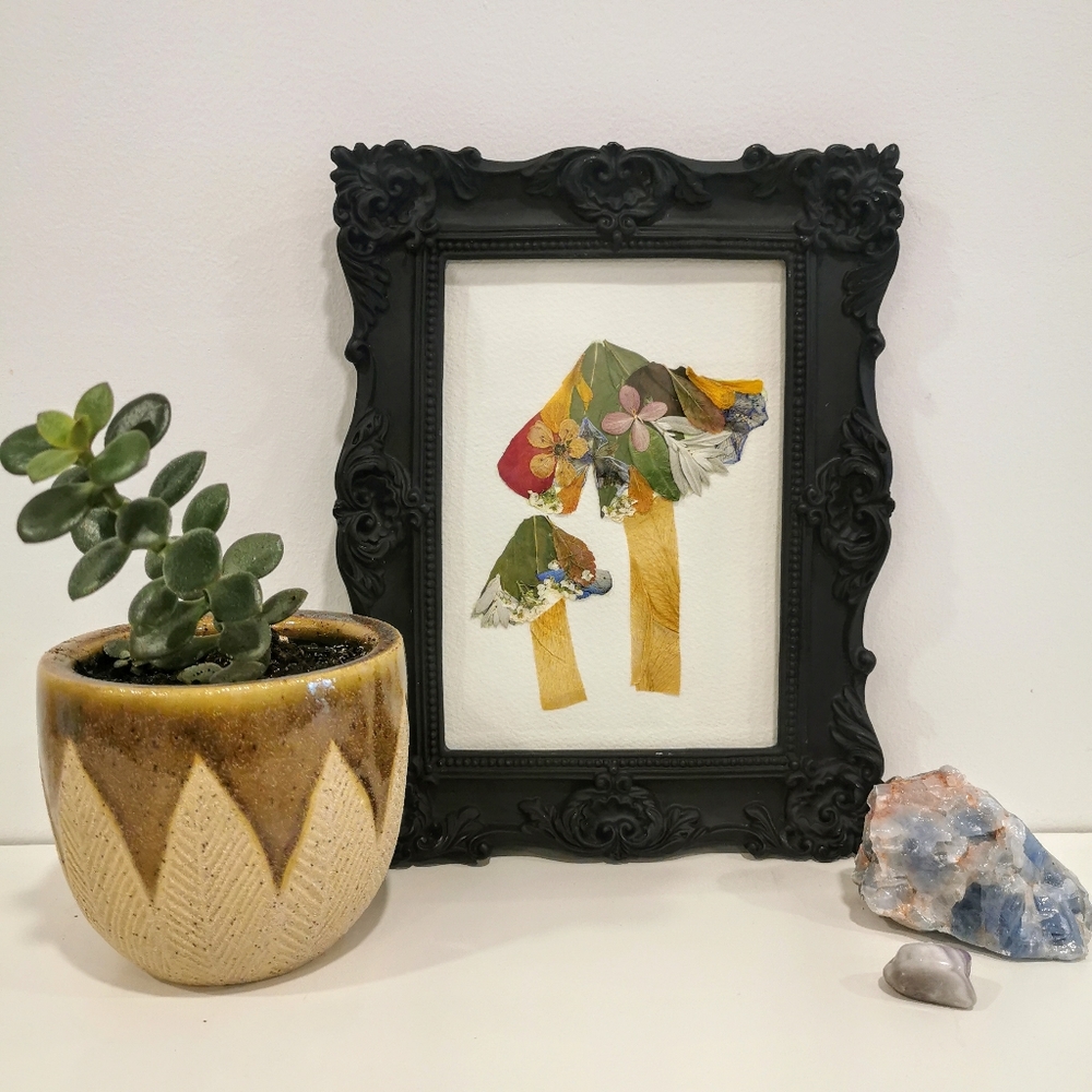 5x7 real pressed flower mushroom original artwork, yellow botanical fungi art